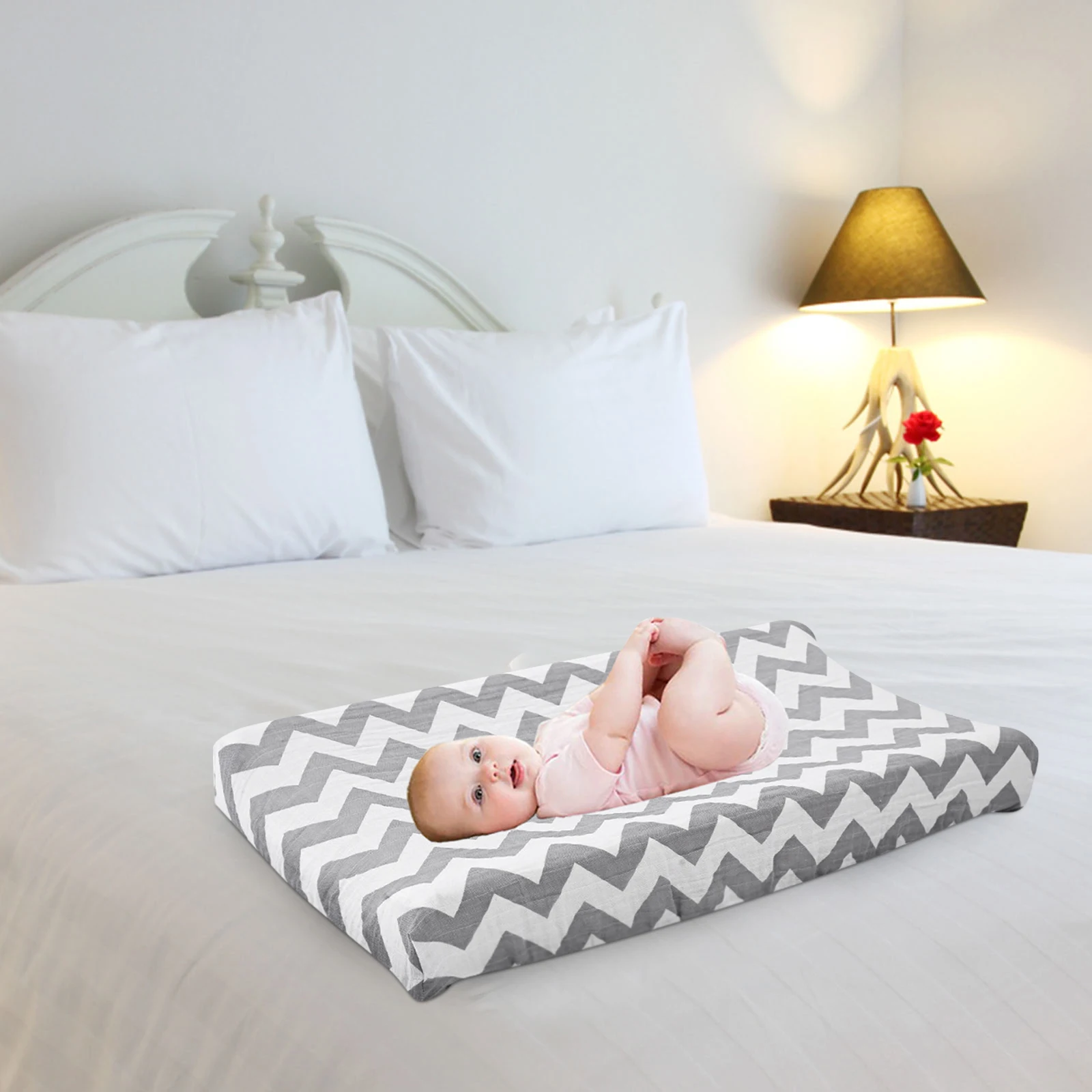 

Reusable Changing Pad Cover Cotton Washable Baby Diaper Mats Table Topper Gray Wave Pattern Infant Newborn Breathable Soft