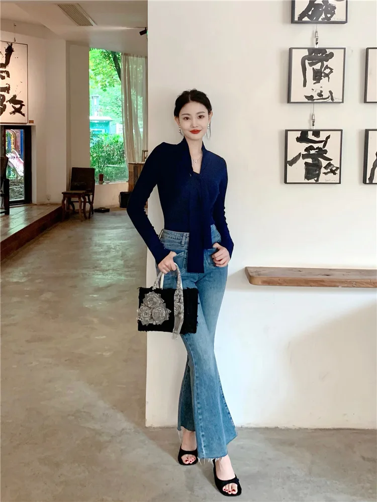 7761 Koreańska Atmosfera Kaszmirowy Jednolity Kolor Dekolt w Serek Wiązany Złoty Styl Sekretarki Wyszczuplający Sweter Dzianinowy Bielizna Damska