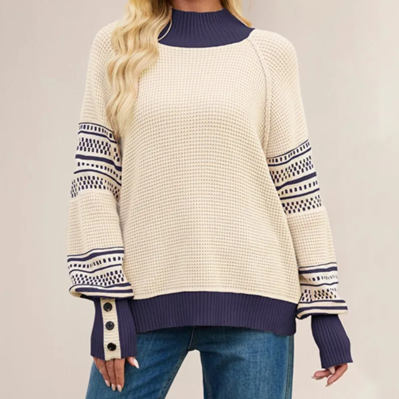 سترة نسائية محبوكة عصرية ودافئة لشتاء 2025 بتصميم كتلة الألوان، نصف رقبة عالية ونمط بلوفر،