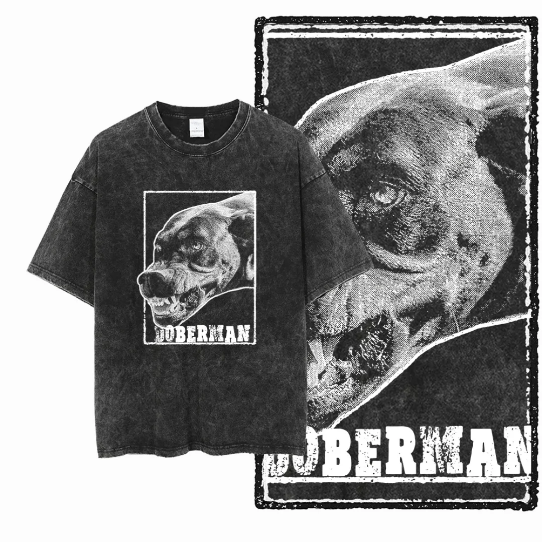 

Aggressive Doberman Graphic Bold Lettering Vintage Washed Oversized Black Men's T-Shirt Retro Distressed Unisex Streetwear