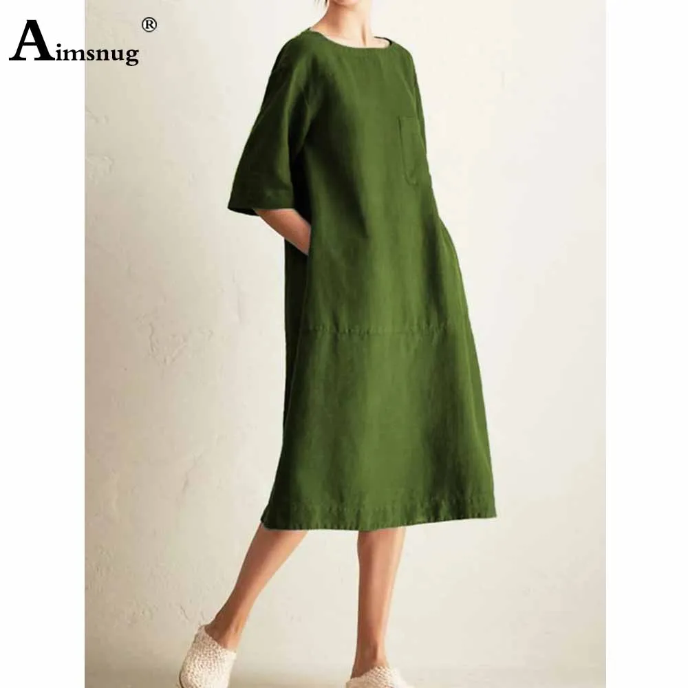 2023 Summer Ladies Casual O-neck Mid-Calf Dress Half Sleeve Stand Pockets Dresses Oversized 3XL Women Loose Chic Dress Femme