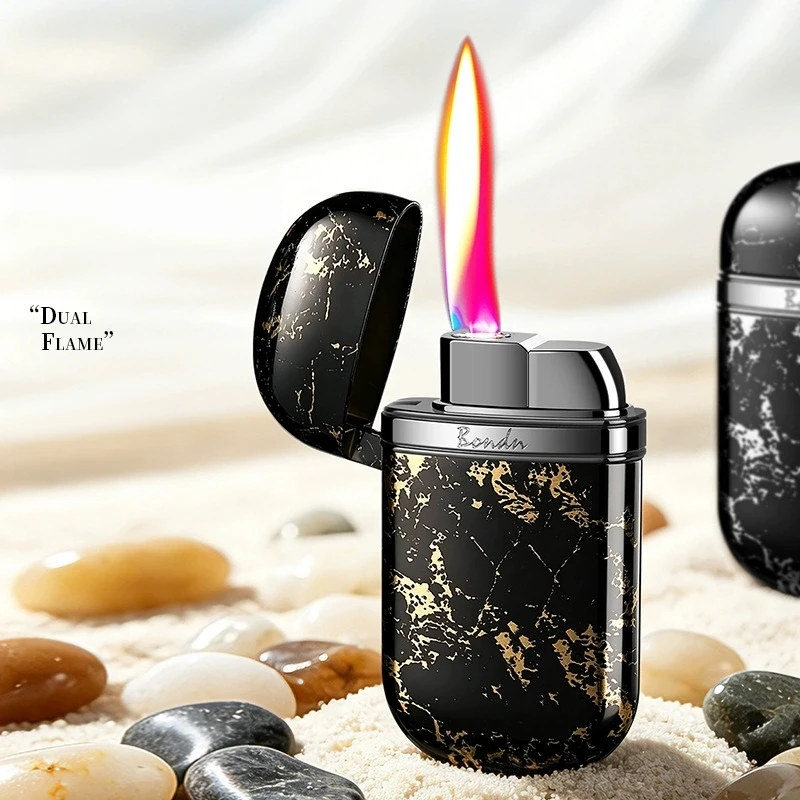 New metal lightweight pebble shaped dual fire direct flame conversion lighter, windproof inflatable outdoor portable lighter
