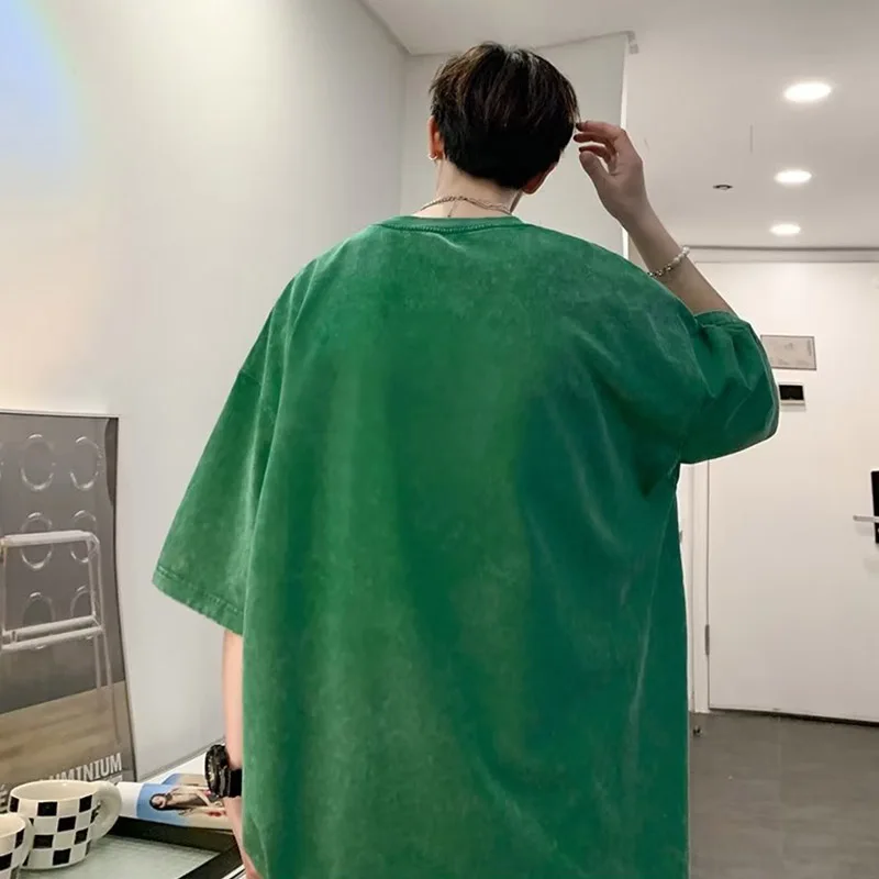 Short Sleeved T-Shirt For Men's Summer American Style Pure Cotton Washed And Distressed Ruffian And Handsome Large Half Sleeves