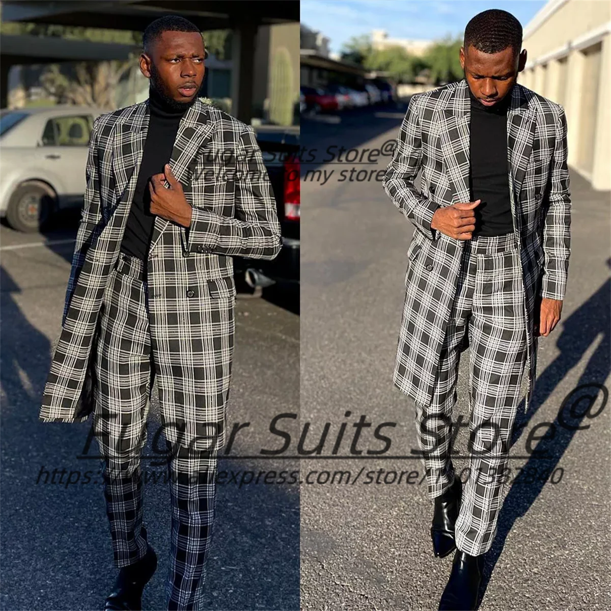 

Handsome Plaid Party Male Blazers Formal Groom Wedding Tuxedos 2 Pieces Sets Customized Long Men Suits Casual Costume Homme