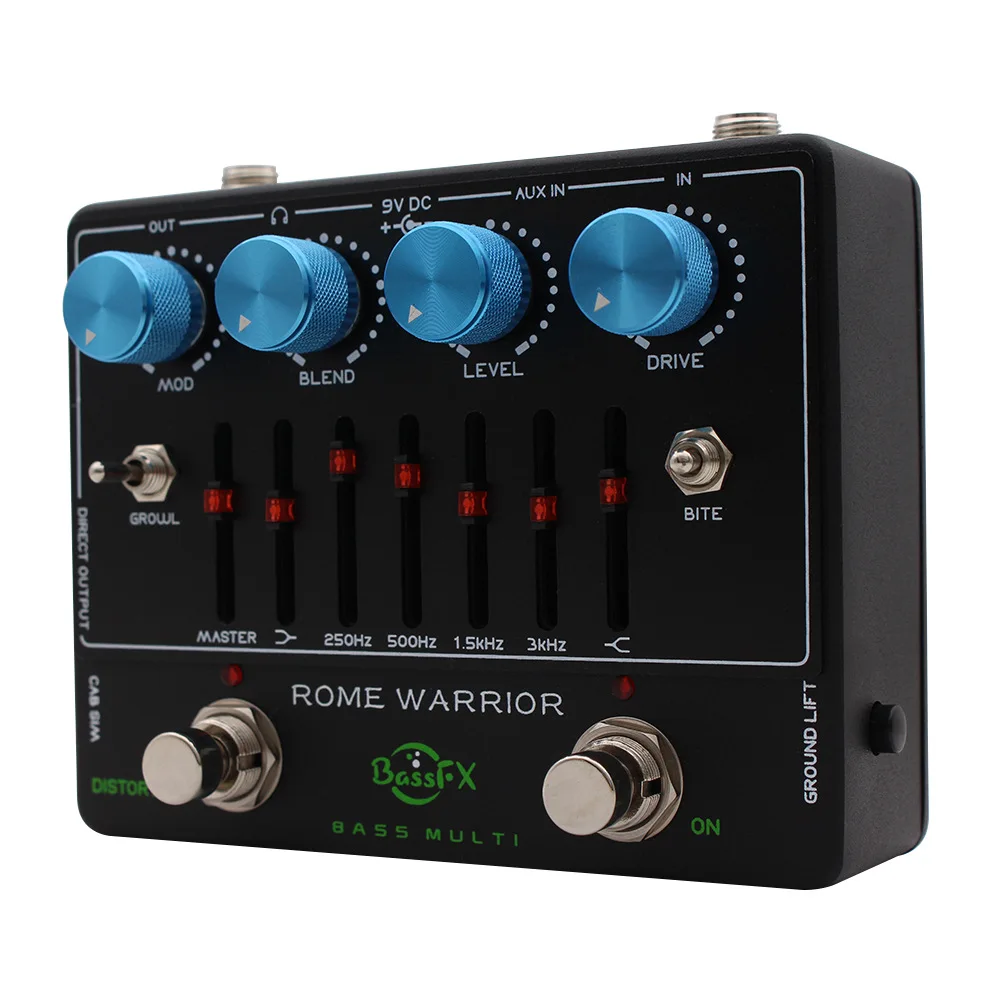 Fanmuzk ROME WARRIOR Bass Preamp Pedal DI Box 6-Band Graphic EQ Distortion Headphone Out Aux-In for Electric Bass Practice