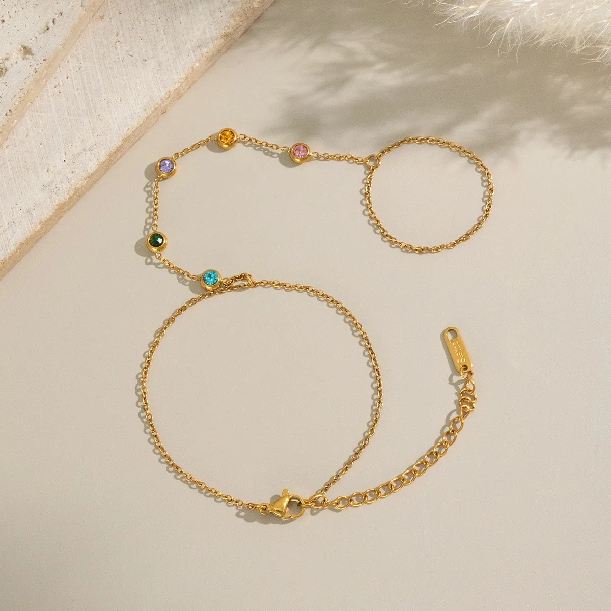 

Colorful Cubic Zirconia Round Beads Stainless Steel Connecting Bracelet Ring 18K Gold Plated Fashion Link Chain Bracelet Jewelry