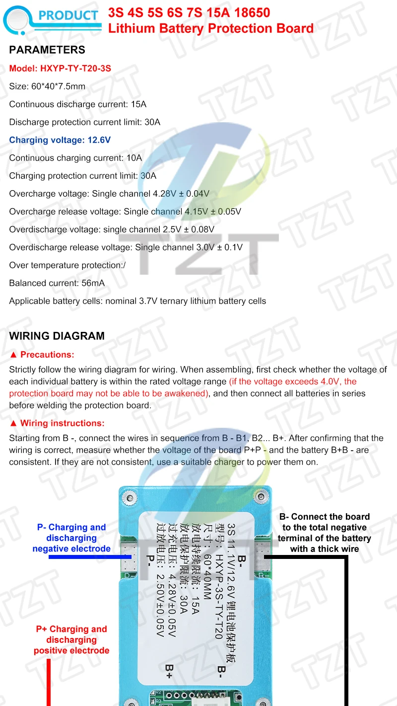 3S 4S 5S 6S 7S BMS 15A Begrenzung 20A 18650 Lithium-Batterie-Schutzplatine 12,6V 16,8V 21V 25,2V 29,4V mit Balancierung und Kühlkörper – Detail 1