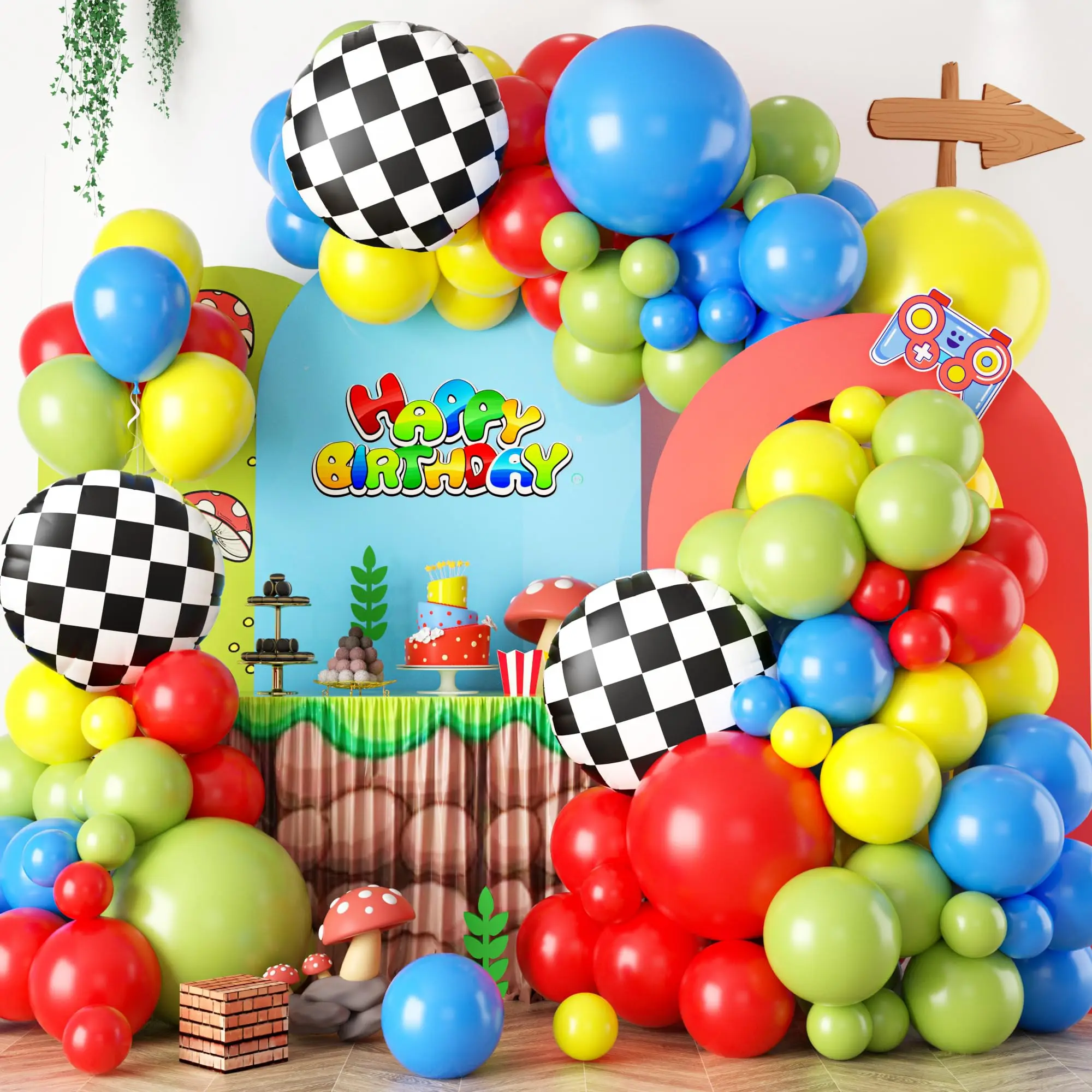 Happy Birthday Inflatable Latex Balloon Chain Red, Yellow, Blue and Green Latex Balloon Mosaic Aluminum Film Balloon