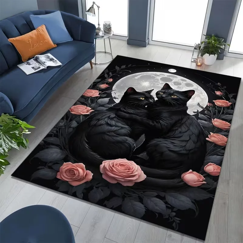 Vintage Black Cat Floral Moon Area Rug Retro Gothic Living Room Carpet Non Slip Large Floor Mat for Bedroom Entryway Home Decor