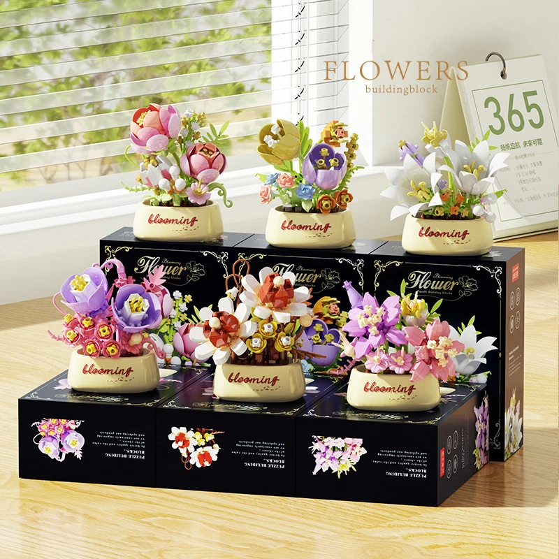 Nouveaux blocs de construction de roses intéressants, fleurs, plantes succulentes, plantes en pot, jouets éducatifs pour enfants, cadeaux du nouvel an