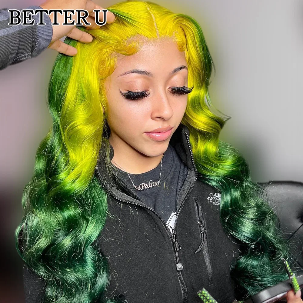 Omber Green Human Hair Body wave 13X6 Lace Front Pre-Stretched Wig Transparent Lace Front Wig 13x4 High Gloss Wig 250 Density