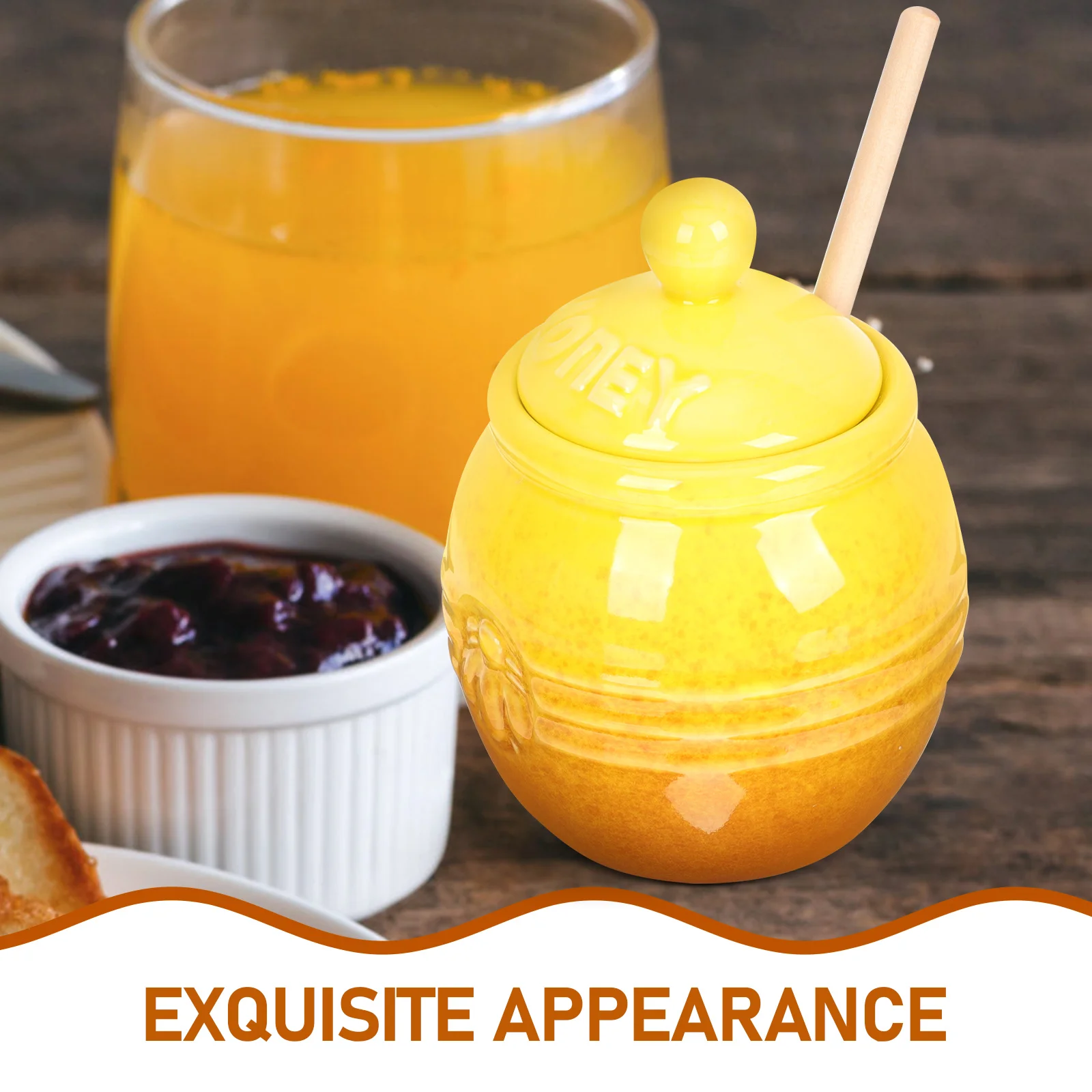 

1 Set Of Ceramic Honey Jar With Stirring Stick Jam Storage Container Household Syrup Pot Transparent Design For Snacks Grains