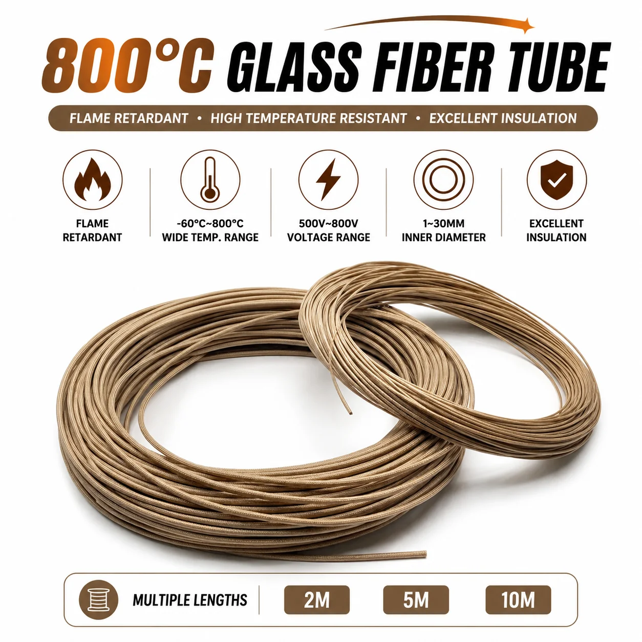 2/5/10/20M Inner Diameter 1-30mm 800 Deg Glass Fiber Conduit, High Temperature Resistant, Corrosion-resistant, Fireproof Conduit