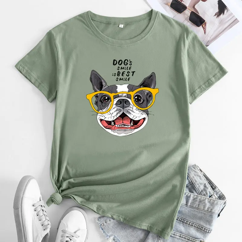 JBatteries CY-T-shirt à manches courtes pour femmes, T-shirt en coton, Vêtements pour femmes, T-shirt graphique chien mignon, Top à la mode, Été