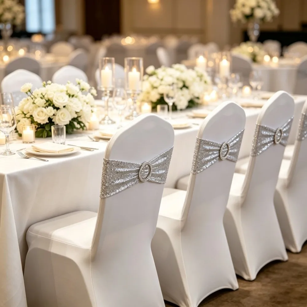 1PC Rhinestone Ring Buckle Sequin Chair Sash No-Tie Design Stretch Elastic Stretch Chair Cover Sequin Embellishment