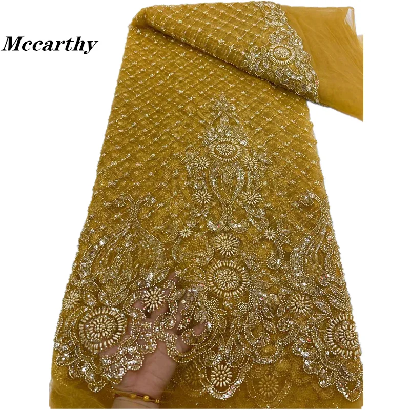 

Gold Latest Nigerian Lace Fabrics Fashion Women African Tull Lace Luxury Handmade Bead sequins Fabrics For Wedding 5Yards