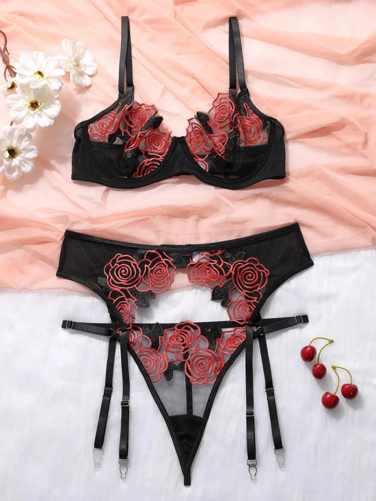 3 Piece Set Sexy Lace Embroidery Bra Set For Women Mesh Patchwork Perspective Sexy Garters Steel Rings Underwear Set Party Club