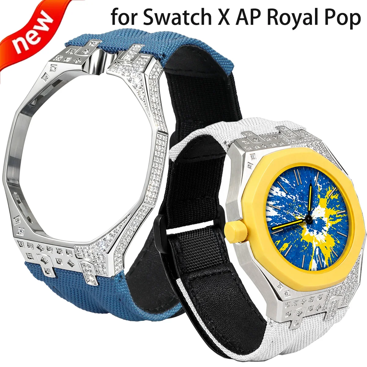 Nylon Strap + Metal Case for Swatch X AP Royal Pop Pocket Watch Changer To Wristwatch Diamond Cover Breathable Band Mod Kit