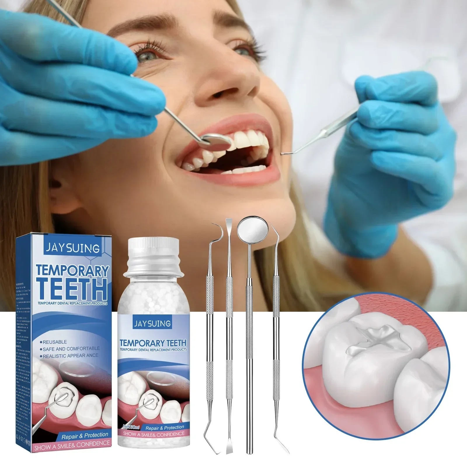 Kit de reparación dental temporal 2024, adhesivo para dentadura, Gel blanqueador de dientes, relleno de resina, huecos de dientes moldeables,