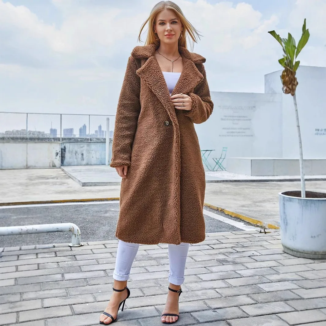 Women's Double Sided Fleece Faux Fur Coat with Notched Collar Single Button Solid Color Thick Elegant Women's Fur Overcoat