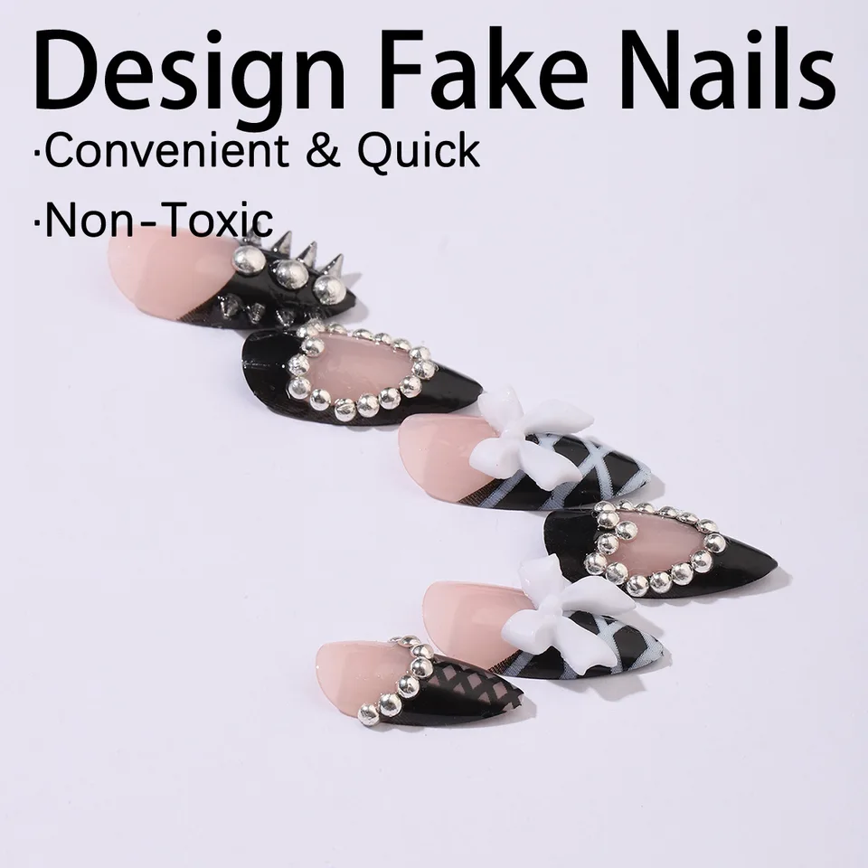 24 uñas postizas negras de Halloween con murciélagos, forma almendra, decoradas con remaches y moños, reutilizables, acrílicas 2