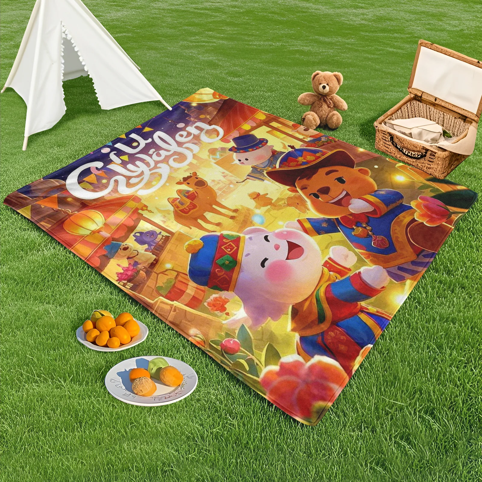 Cartoon Animals With Lanterns Night Scene Celebration Outdoor Blanket For Camping Hiking And Festive