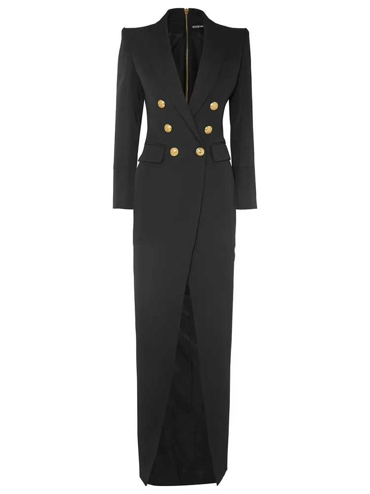 YERMORA czarny dwurzędowy zamek błyskawiczny na plecach długa marynarka na co dzień dla kobiet z klapami luźna nowa kurtka moda fala wiosna jesień 2025