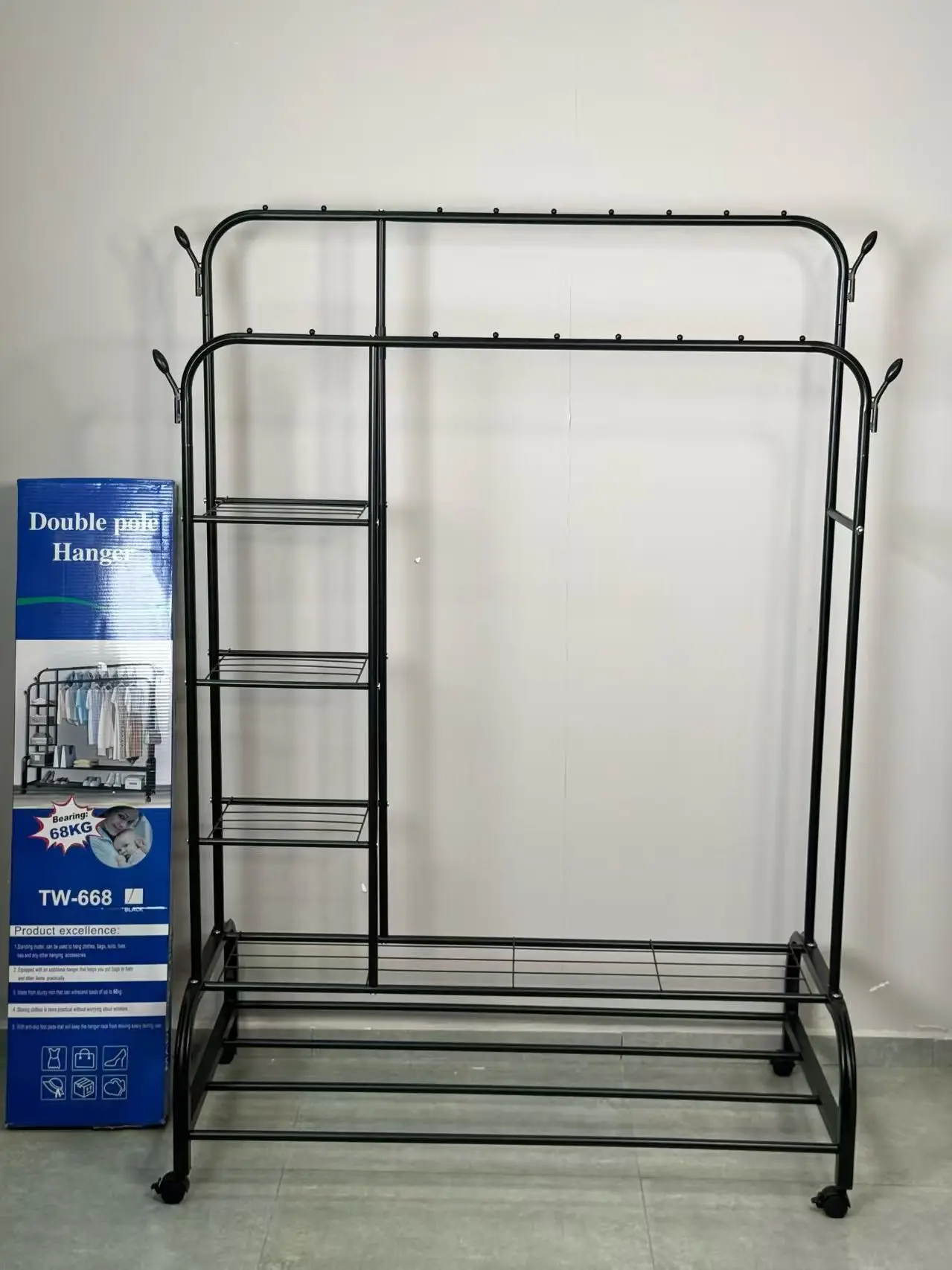 Double-Rod Metal Cloth Rack Rust-Proof Hooks Multifunctional Garment Clothing Organizer for Bedroom Living Room Use Shoes Hatspr
