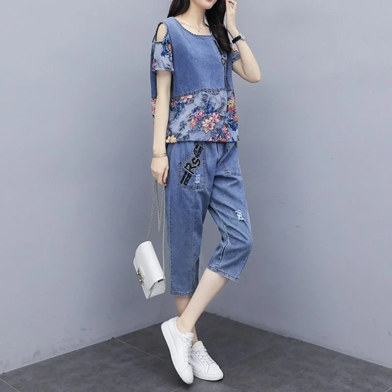 Summer Denim Printed Stitching Pants Two-Piece Women\'s 2023 New  Summer Fashion Casual Denim Top + Hole Jeans Pants Female Sets