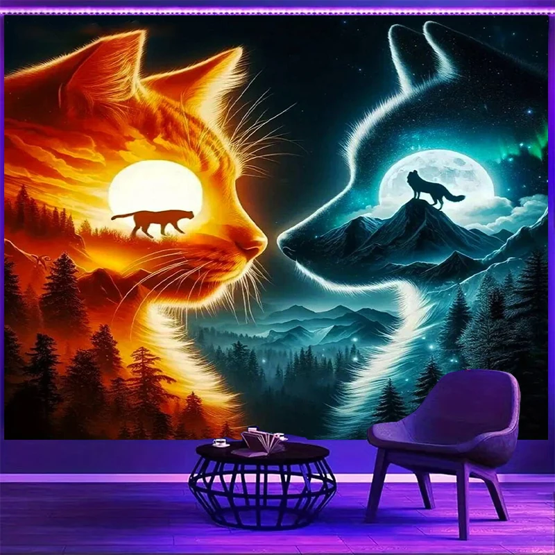 1PC Fire Cat Ice Wolf Forest Print Backdrop Banner, Bedroom Living Room Photo Background, Polyester, Home Decor, Wall Art