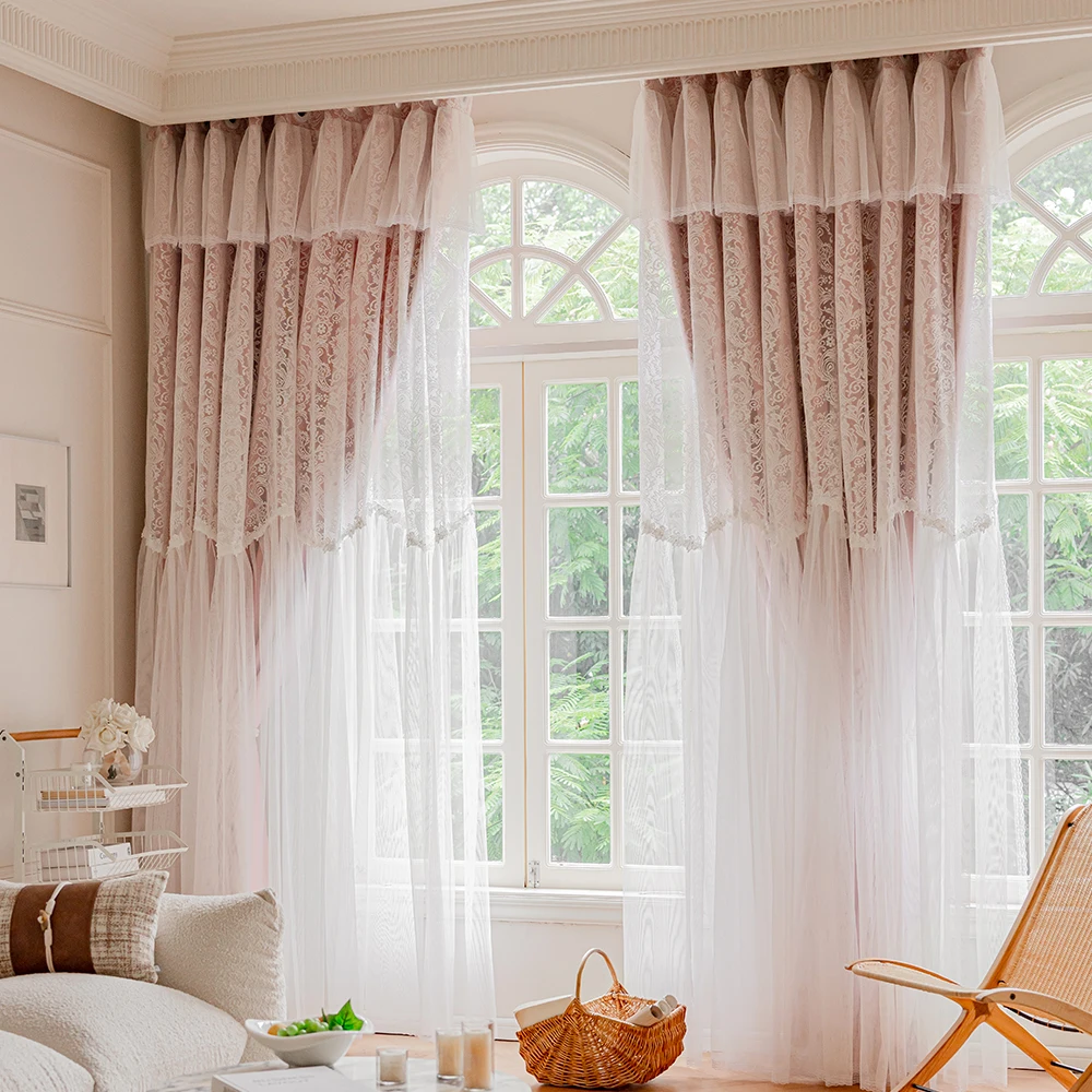 [Pearl Wave Curtain] 1pc Elegant Pearl Wave Lace Double Layer Curtain - 90% Blackout, Sheer Pink & White Design, Grommet Top, Po