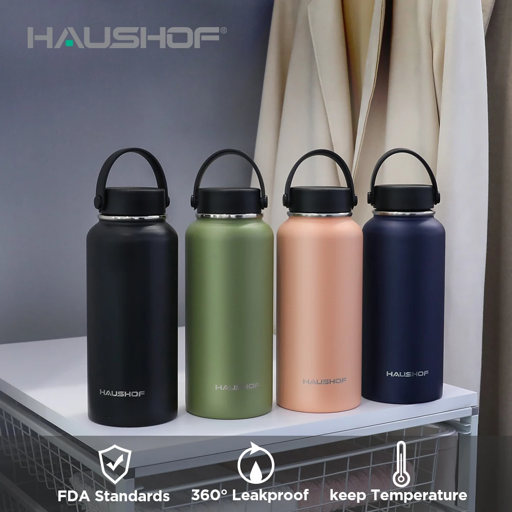 HAUSHOF-Garrafa de água de parede dupla com tampa, copo a vácuo, isolada, ao ar livre, viagem, esporte, carro, 950ml, 32oz