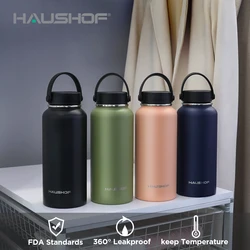 HAUSHOF-botella de agua de acero inoxidable con aislamiento de doble pared, taza deportiva de viaje al aire libre con tapa para coche, 950ml/32oz