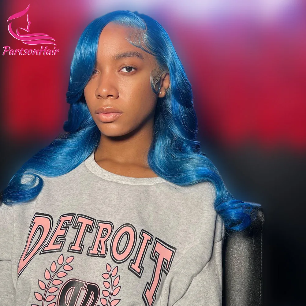 13x6 الجسم موجة الأزرق اللون باروكة من شعر طبيعي 13x4 الدانتيل الشفاف شعر مستعار أمامي البرازيلي شعر الإنسان موجة شعر مستعار للنساء قبل نتف