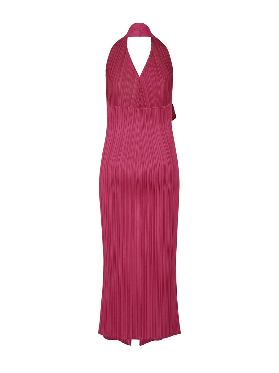 Miyake Pleated V-neck Halter Neck Folded Fabric Center Slit Dress