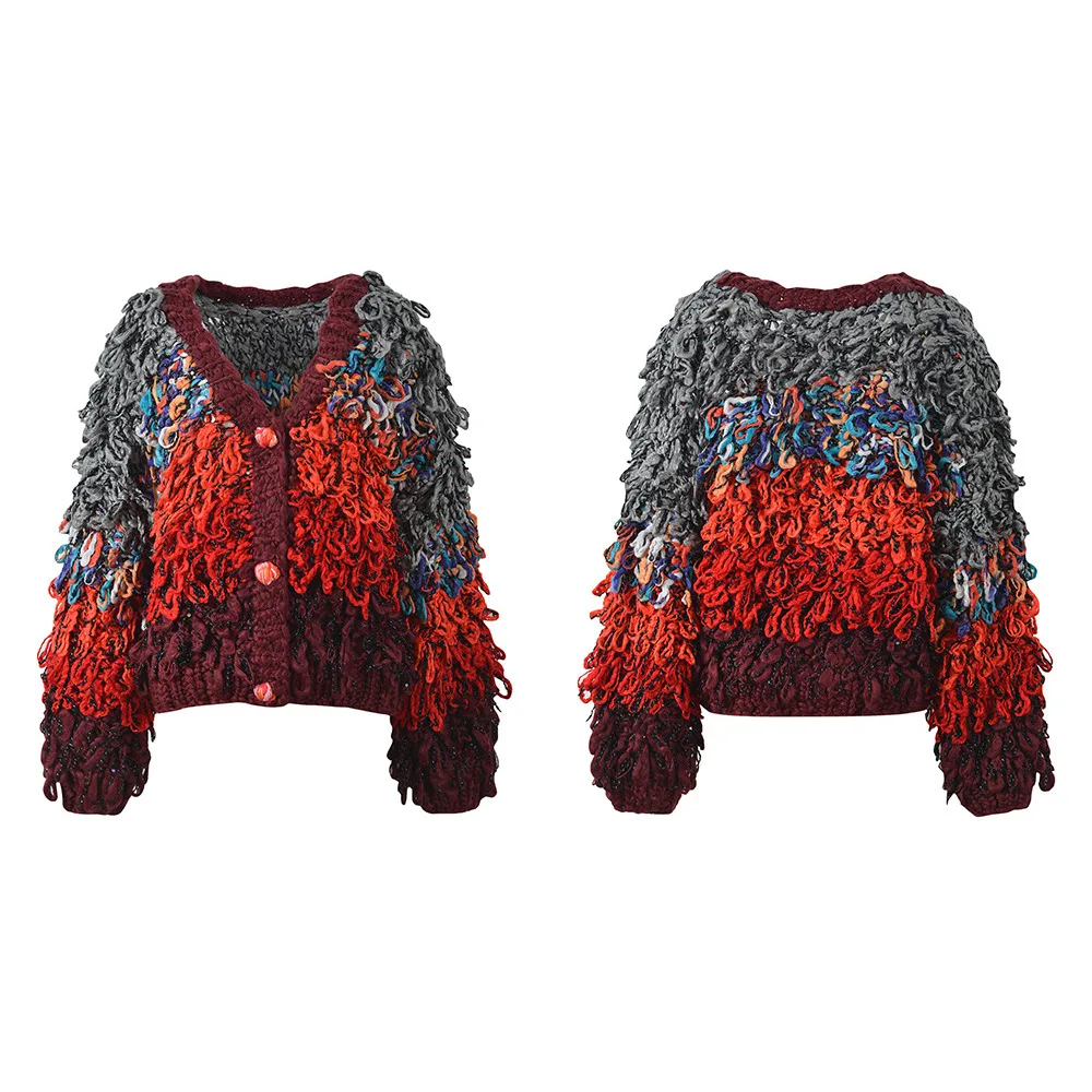 

High-End Version Autumn Winter Handmade Tassel Loose Knitted V-Ne Cardigan Faion Lazy Sle Women's Sweater