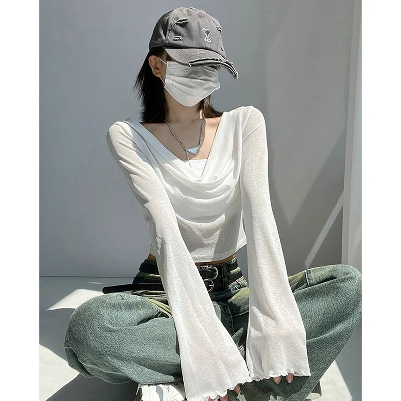 See Through Jazz Long Sleeve Hoodie Women Sunproof High Street Simple Cropped Tops Blouse Fashion White Thin Swing Neck Pullover