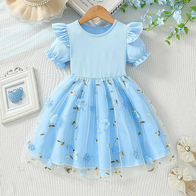Mädchen Tüll Blumenmuster Kleid mit Rüschenärmeln Einfarbig Lässig Täglich Kinder Sommer Party Prinzessinnenkleid