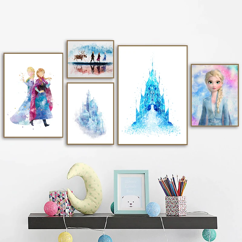 Frozen Castle Watercolor Painting Canvas Prints Princess Elsa Anna Cartoon Poster Nursery Girl Gift Wall Art Picture Decor