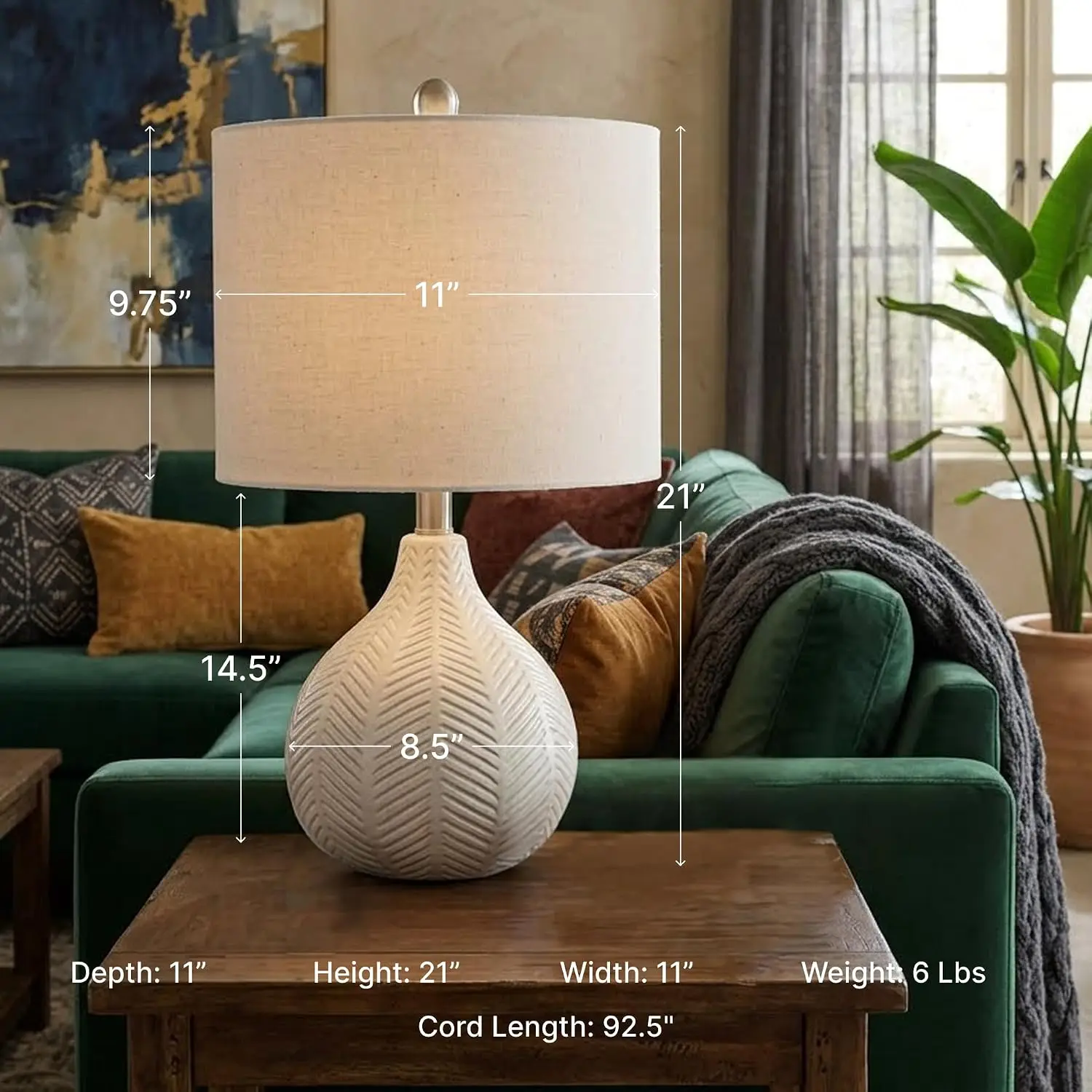 Rainermen Casual Ceramic Table Lamp, Transparent White Glaze Finish, Drum Hardback Fabric Shade, 11