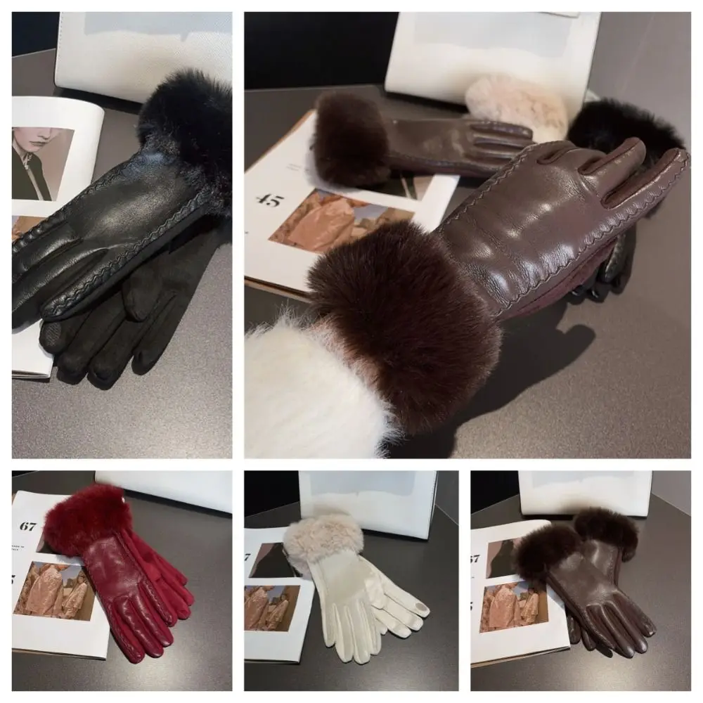 Neue Damenhandschuhe aus PU-Leder für kaltes Wetter, Manschetten-Thermofutter, warme Winterhandschuhe, Geschenk mit Kunstfellbesatz, Partyhandschuhe