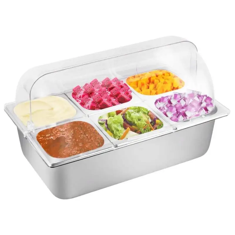 

Countertop Ice Food Serving Display Container 6-Pans Food Display Rack Sauce Organizer For Buffet Salad Dressing Cold Serving