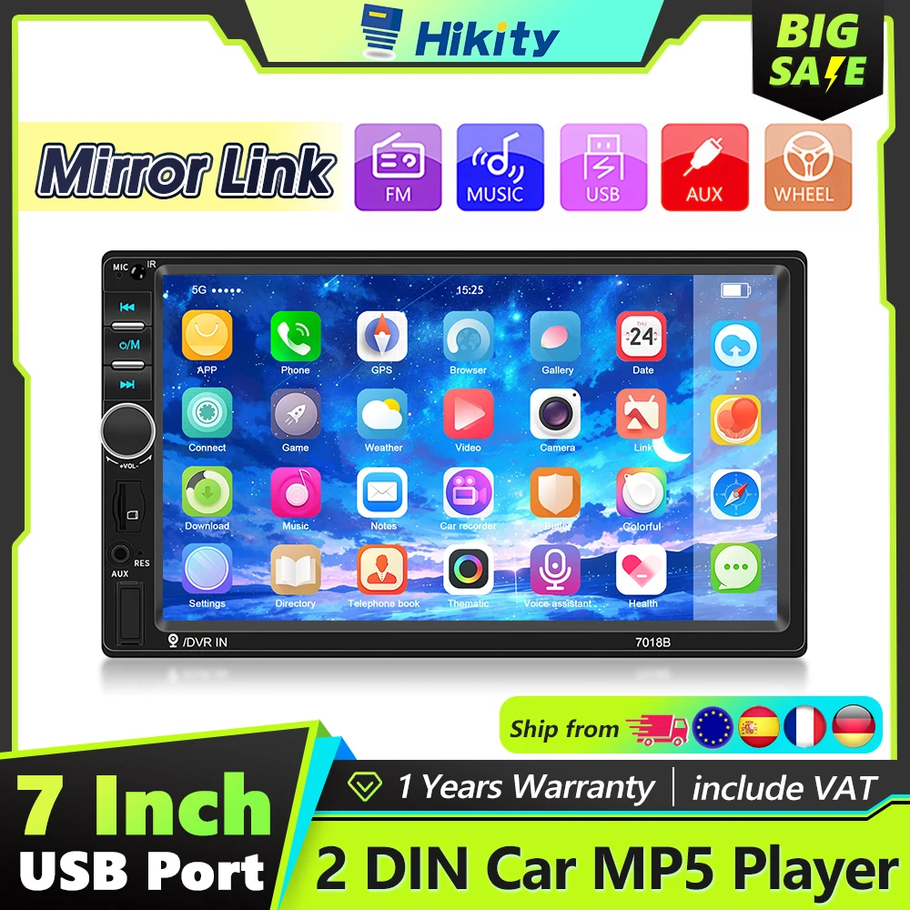 Hikity 2DIN راديو السيارة مرآة ربط سيارة مشغل وسائط متعددة بلوتوث دعم جهاز تسجيل فيديو رقمي للسيارات USB EQ تأثير الصوت 4-قناة مكبر الصوت بصوت عال #1