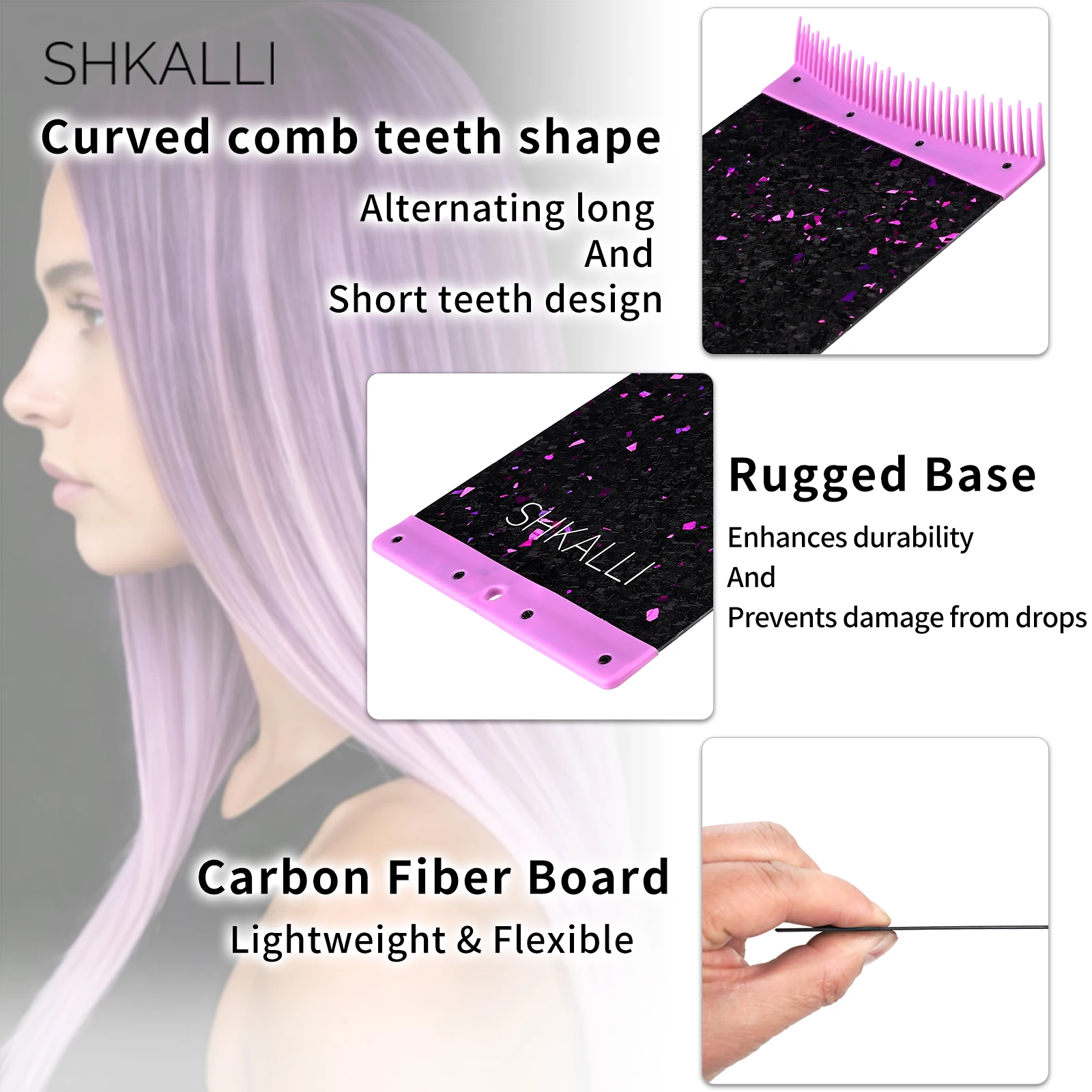 SHKALLI Carbon Fiber Hair Coloring Board with Comb Teeth Embedded Glitter Flakes Professional Lightweight Highlighting Tool