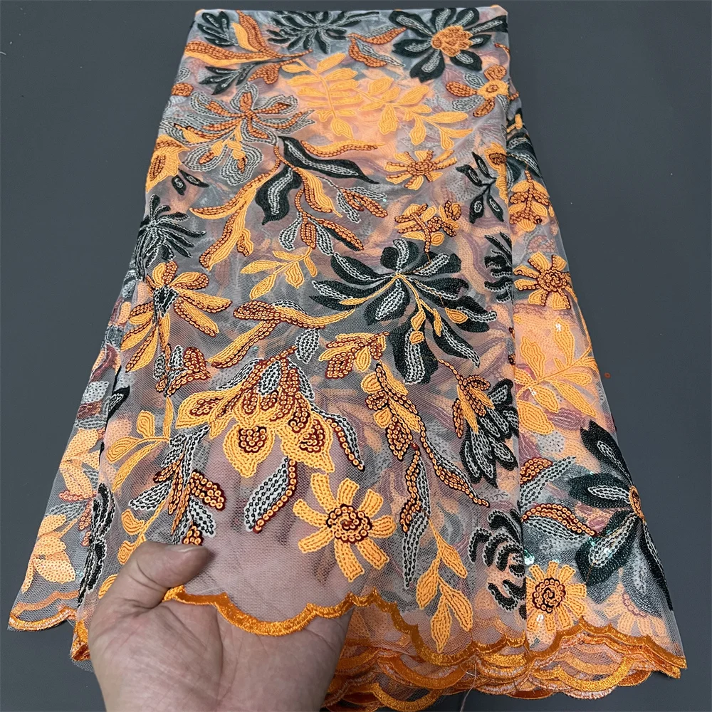 أحدث 2025 النيجيري الأفريقي جبر التطريز الترتر تول أقمشة الدانتيل جودة عالية لفساتين الخياطة 5 ياردة ZJ085 #3