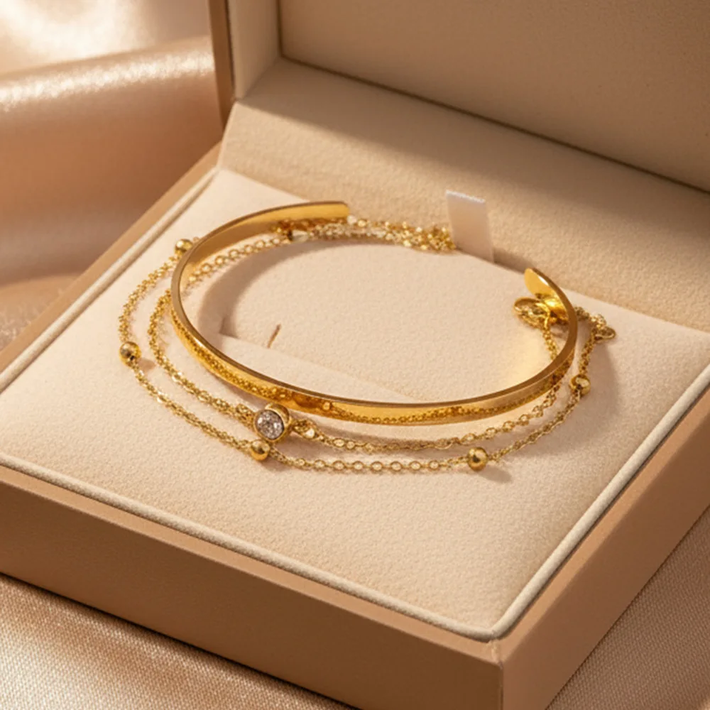 Stainless Steel 18K Gold Plated Stackable Open Cuff Bangle for Women Minimalist CZ Ball Bead Adjustable Bracelet Jewelry Gift