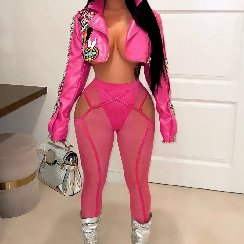 Pink Women's Jacket 2025 Autumn Winter Y2K Rose Leather Moto Coat Lapel Chain Patchwork Short Jacket Sexy Hot Girl Party Outwear