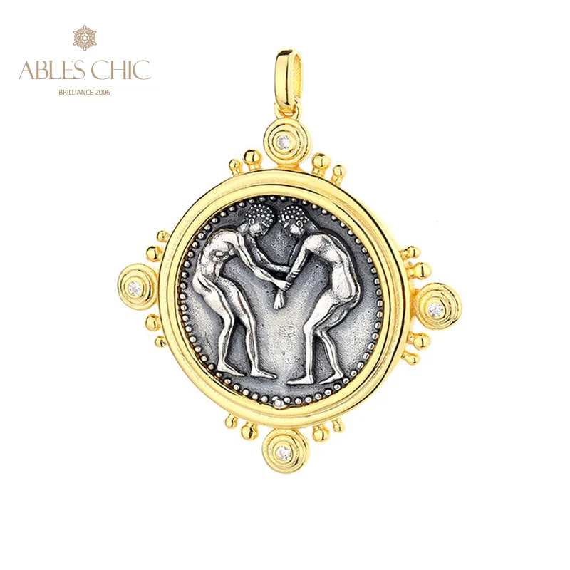 

Ables Chic Greek Pamphylian Wrestler Silver Coins Floral Charm 18K Gold Two Tone Solid 925 Silver Roman Coin Pendant Only N1065