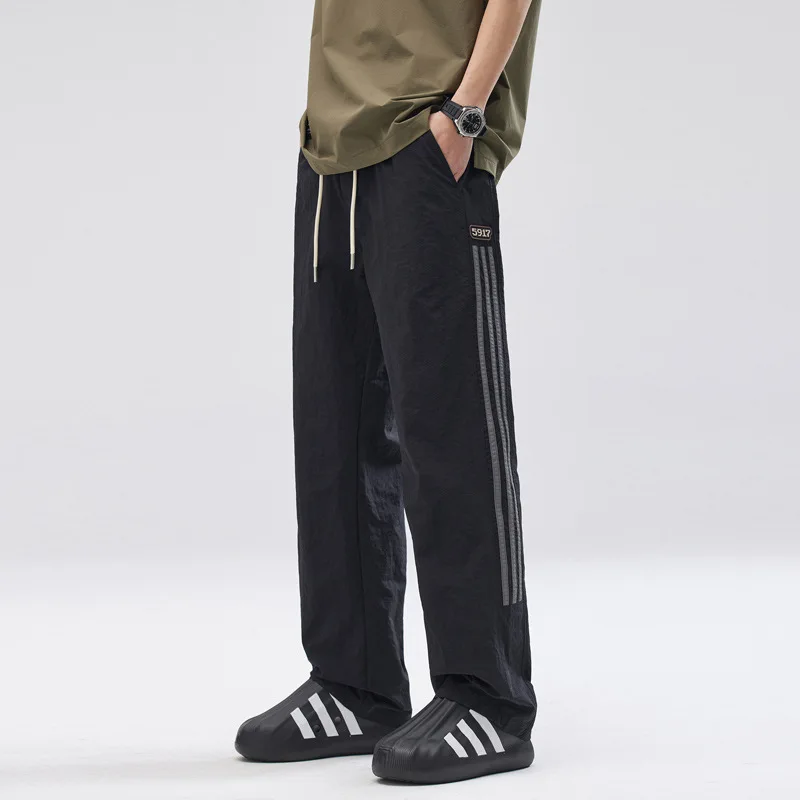 Men's summer thin quick drying trendy brand high street charging splicing striped loose straight leg wide leg casual pants