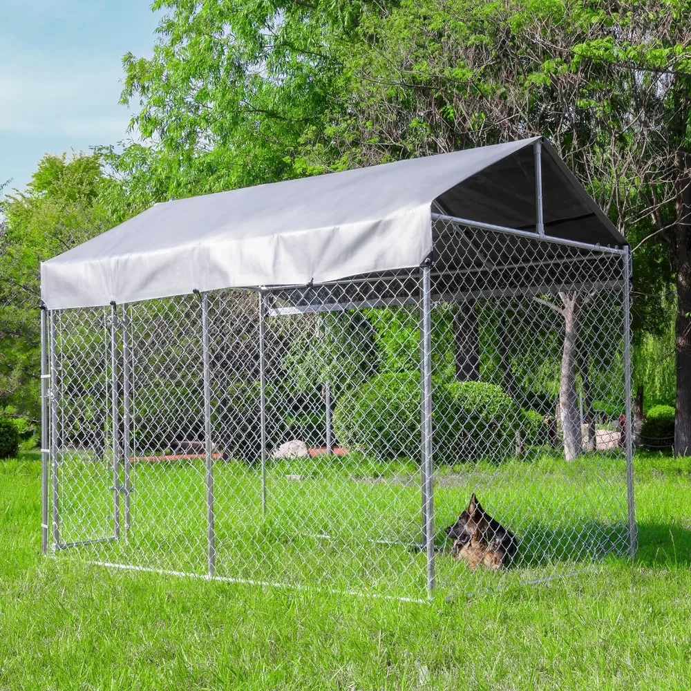 Large Outdoor Dog Kennel Anti Rust Outdoor Dog Fence with Waterproof UV Resistant Cover and Secure Lock for Backyard